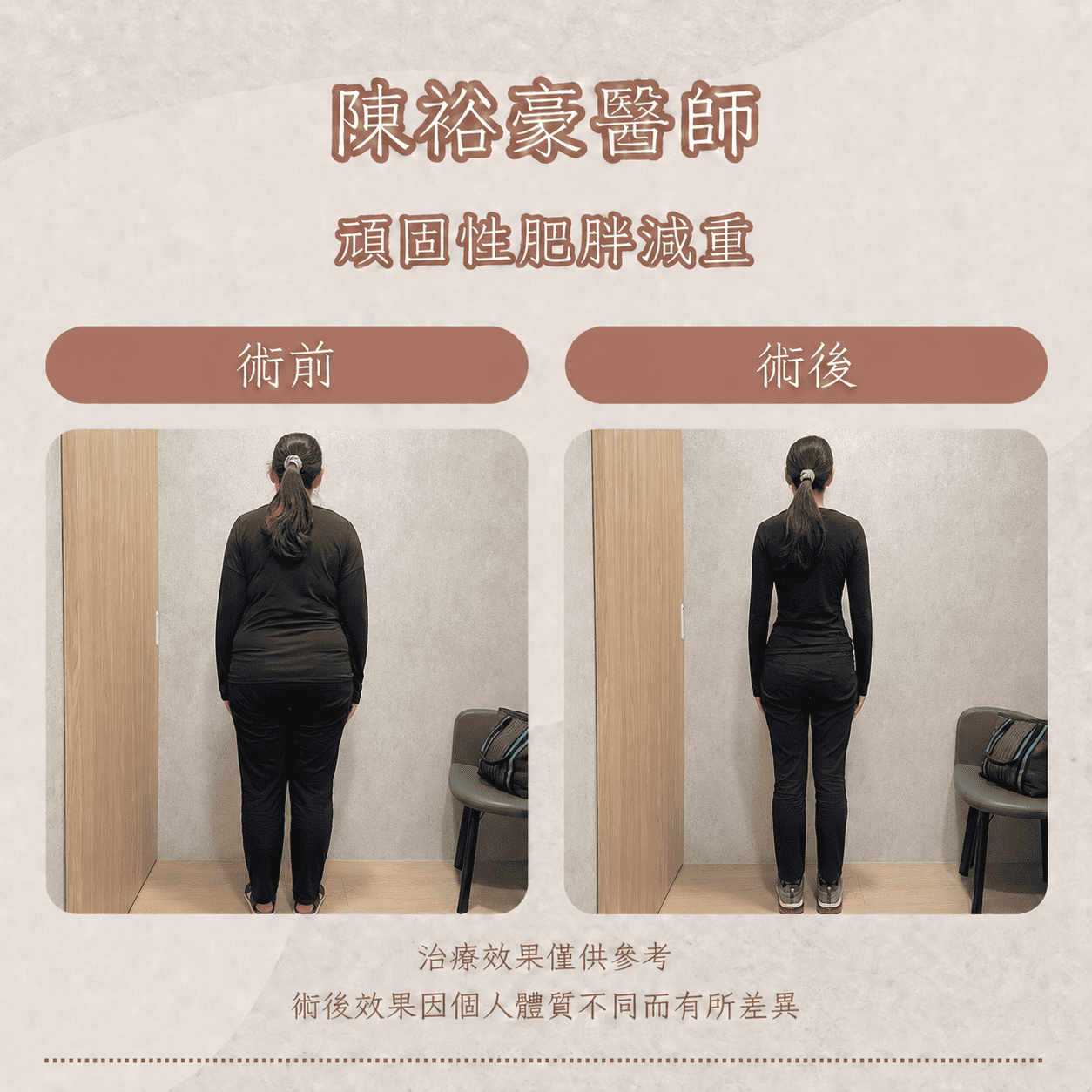 瑞提診所陳裕豪醫師女性減重案例，術前術後背面比較腰背脂肪、臀腿線條與全身體態收窄變化